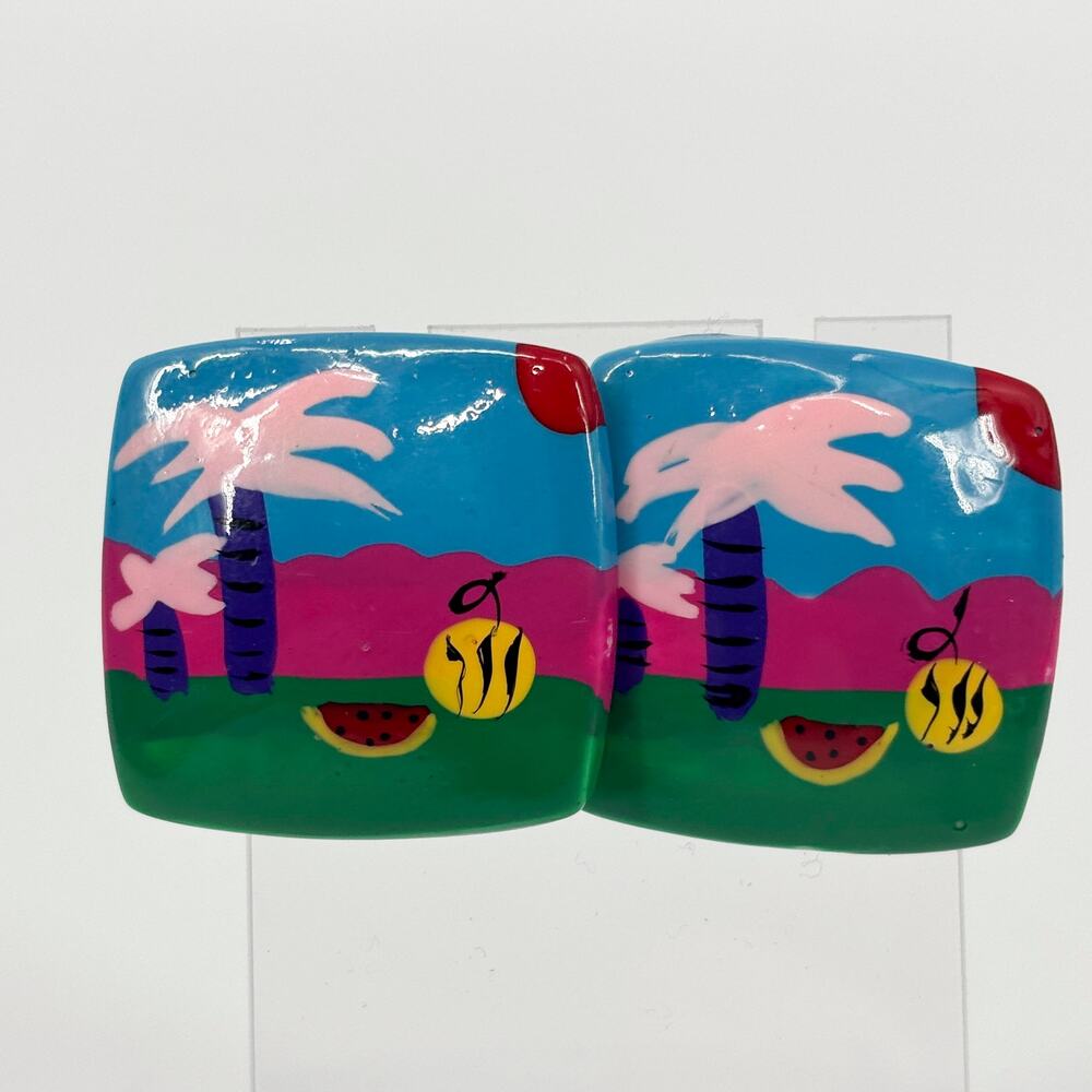 Hand-Painted Square Earrings – Tropical Scene, Pink Palm Trees,‎ Folk Art Style